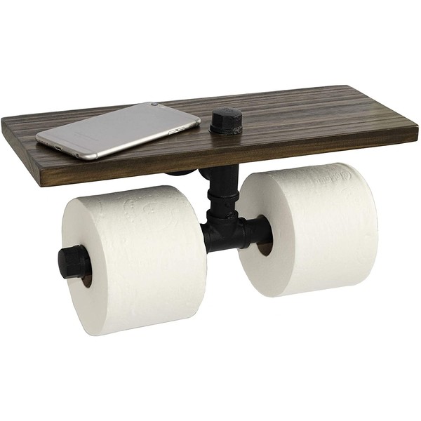 Excello Global Products Industrial Toilet Paper Double Roll Holder with Rustic Wooden Shelf and Cast Iron Pipe Hardware for Bathroom, Washroom