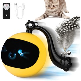 snoslme Interactive Cat Toy Ball with Remote Control, Automatic Moving & Rolling Cat Feather Toy, USB Rechargeable, Motion Activated Remote Control Cat Toy for Indoor Cats (Yellow)