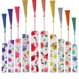 10 Pack Acrylic Flower Book Marker, Transparent Floral Book Marks with Colorful Tassels, Clear Dried Flower Bookmark Page Markers Holder
