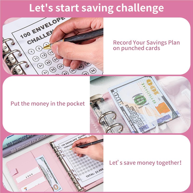 A5 Binder Notebook, 100 Days Saving Challenge Binder, PVC Leather