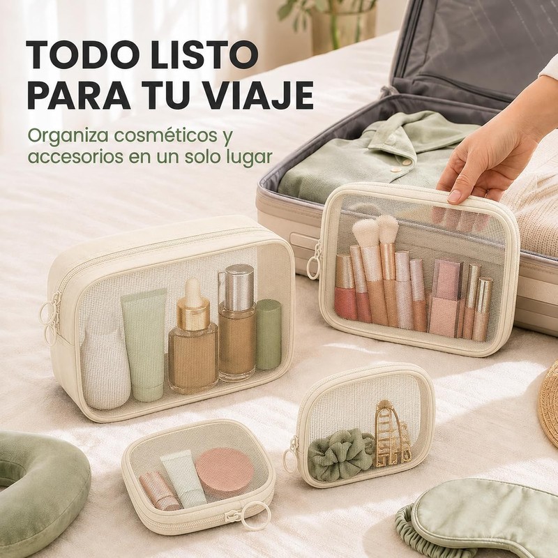 Set de 4 Bolsas de Maquillaje de Malla para Viaje,
