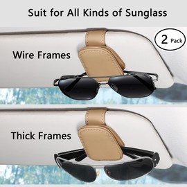 quipuda 2 Packs Sunglasses Holder for Car Sun Visor Accessories, Magnetic Geniune Leather Car Sunglass Holder, Glasses Clip for Automotive Eyeglass Hanger, Ticket Card Clip (Light Brown)