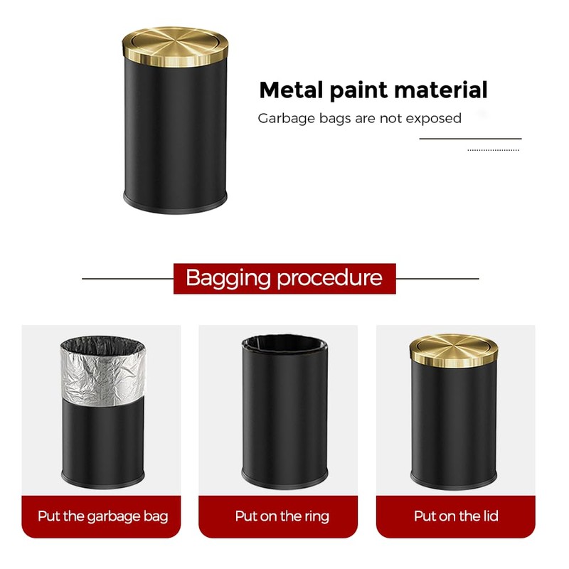 LEASYLIFE 9L/2.4GAL Black Bathroom Trash Can,Gold Small Trash Can with
