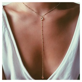 Inilbran Boho Crystal Y Necklace Chain Gold Rhinestone Y Drop Necklace Vintage CZ Necklace Long Satellite Chain Lariat Necklace Chain Jewellery for Women and Girls