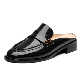 WAYDERNS Black Mules for Women Low Block Heel Closed Round Toe Patent Slip on Backless Mules Shoes Comfortable Casual Classic Shopping Dating Party Slides Loafer Shoes 1.4 Inch Size 7.5