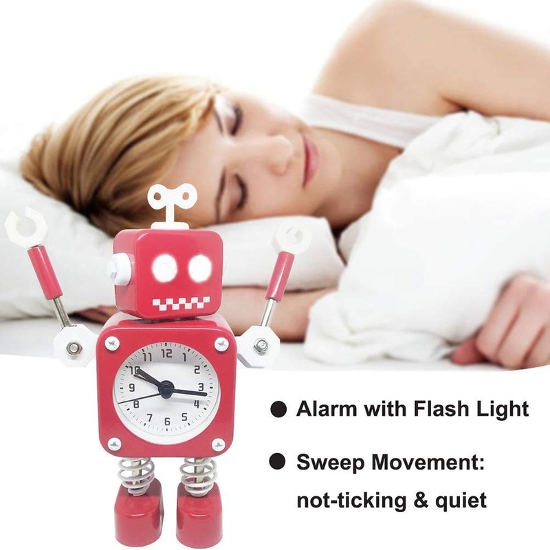 Diskary Robot Alarm Clock,Stainless Metal Non-Ticking Wake-up Clock with Flashing