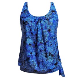 Yonique Womens Blouson Tankini Top Only Loose Fit Swim Top No Bottom Modest Swimsuit Top Blue Paisley Large