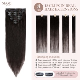 SEGOHAIR 8 PCS Hair Extensions Clip in Real Human Hair, 16 inch Thin Full Head Human Hair Extensions Straight - Natural Black(65g)