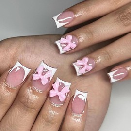 Short Fake Nails, Glue On Nails Short Nails Press on, 24Pcs Press on Nails Short Square White French Tip False Nails with Cute Pink Bow Press ons Designs Artificial Nails Stick on Nails for Women