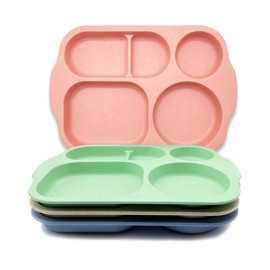 KITLAB Unbreakable Divided Plates, 4 Pack Wheat Straw Tray, Large Fast Food Tray for Toddlers Adults Kids Children, Lightweight Plates, Dishwasher and Microwave Safe