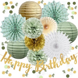 Sage Green and Gold Birthday Party Decoration Green Paper Fans Paper Lanterns Sage Green Gold Scatter Confetti Table Decoration for Girls Women Birthday Sage Green Birthday Party Decorations