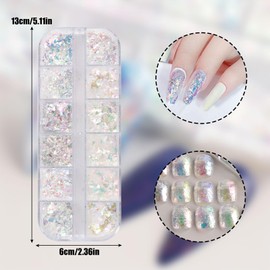 Holographic Nail Glitter,1Boxes 12Grids Nail Flakes Aurora Iridescent Irregular Paillettes,Mermaid Bright Colorful Ice Foil Nail Sequins for DIY Nail Art Decoration Shining Flakes