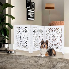 Lightnpro Wooden Dog Gate - Foldable Freestanding Pet Gate for Indoor Use, Adjustable Safety Barrier for Dogs, Puppies & Small Pets, Perfect for Stairs & Doorways - 24x54 Inch Antique White