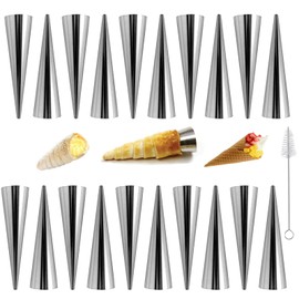 XSEXO Cream Horn Molds 20 pcs Large Size12*3.5cm Baking Cones Stainless Steel Roll Horn Forms Conical Danish Pastry Croissant Cones Moulds with Cleaning Brush