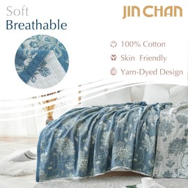 jinchan Boho 100% Cotton Blanket Muslin Lightweight Twin Size 4-Layer Throw Blanket Reversible for Couch Soft All Season Floral Blanket Throw Coverlet for Bedroom Decor Blue 60"x80"