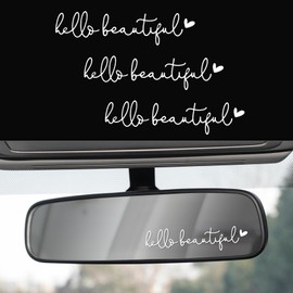 Zufoty 3PCS Hello Beautiful Rearview Mirror Decal, Car Mirror Stickers, Self Affirmations Decal, Cute Car Decoration Accessories Car Window Decals for Women Girls (White)