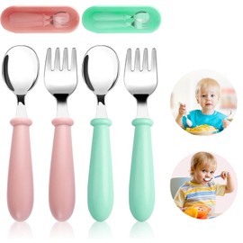 4 Unidades de Tenedor y Cuchara, Utensilios para Niños Pequeños, Cubiertos de Acero Inoxidable para Niños, Acero Inoxidable y Silicona de Grado Alimenticio, Asas Gruesas de Fácil Agarre (SET1)