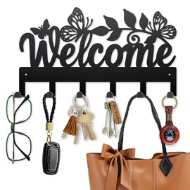 MAYJOYDIY Welcome Key Hooks Metal Butterfly Leaves Coat Rack Wall Mounted 40 x 22.5 cm with 6 Hooks for Hanging Gifts, Coats, Hats, Towels and Bags