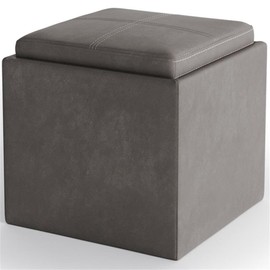 SIMPLIHOME Rockwood 18 inch Wide Contemporary Square Cube Storage Ottoman with Tray in Distressed Slate Grey Vegan Faux Leather, Assembled, for the Living Room, Entryway and Family Room