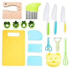 Kids Kitchen Knife Set - Wooden Knife, Serrated Plastic Toddler Knife, Crinkle Cutter, Sandwich Cutter, Y Peeler & Cutting Board Included:_Children's Knife Set 17