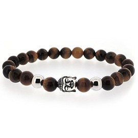 Men's Women's 925 Sterling Silver Buddha Head Figurine with 8 mm Tiger Eye Energy Stones Elastic Bracelet Necklace
