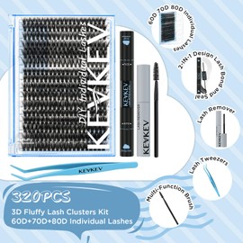 KevKev 3D Lash Extension Kit 320pcs Lash Clusters Kit 60D+70D+80D Mixed 0.05D Softer Eyelash Extension Kit Individual Lashes Natural Cluster with Lash Remover Lash Bond and Seal Lash Applicator (60D+70D+80D, D-10-18mix)