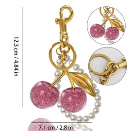 Disoza Pink Cute Cherry & Pearl Keychain Bag Purse Charms Key Ring Backpack Accessories Purse Charms for Handbags Cute Stuff Gifts for Women