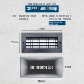 Fits 10x4 Duct Opening Steel Adjustable Air Supply Grille by Handua | Register Vent Cover Grill for Sidewall and Ceiling | Black | Outer Dimensions: 11.75" X 5.75"