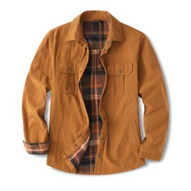 Shirt Jacket Men Flannel Lined Cotton Lightweight Jacket Ripstop Canvas Twill Fall Work Trucker Jackets Dark Khaki M