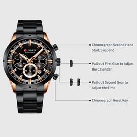 CURREN 8355 Luxury Classic Business Quartz Men Watch 3ATM Waterproof Large Case Big Dial Luminous Wrist Watch Calendar Minute Second Chronograph 24-hours Three Sub-Dials Wristwatch with Alloy Strap Band