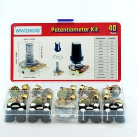 WWZMDiB 40PCS Potentiometer Kit with Knobs B1K 2K 5K 10K 20K 50K 100K 250K 500K 1M Ohm potentiometers Assortment Tapered Rotary Audio B-Type Potentiometer(Equipped with Nuts & washers）