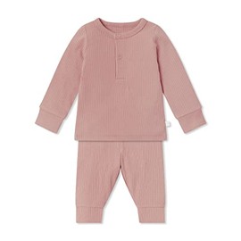 MORI Baby - Unisex Ribbed Pyjamas in Rose - Soft Organic Sleepwear with Front Popper Placket - Elastic Waist Bottoms for Secure Comfort - Ideal for Baby Boys and Girls Aged 2-3 Years