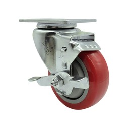 Swivel Caster with Top Lock Brake and 3.5 Inch Red Polyurethane Wheel – 300 lbs. Capacity Per Caster – 4 Inch x 4-1/2 Inch Overall Top Plate –Service Caster Brand