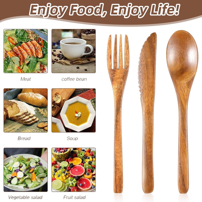 Geiserailie 12 Pcs Wooden Utensils for Eating Set Wooden Spoon