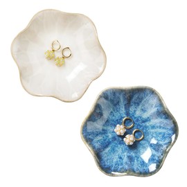 2PCS Lotus Leaf Shape Ring Holder Dish, Small Key Bowl, Ceramic Trinket Tray Jewelry Dish Organizing Necklace Earrings for Mom Friend Sister, All Jewelries Are NOT Included. White+Light Blue.