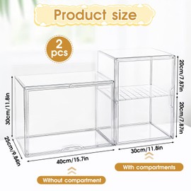 2pcs Clear Acrylic Storage Bins with Lids Stackable, Clear Plastic Display Case with Magnetic Door Plastic Drawers for Closet Collectibles, Dolls, Books, Cosmetics, Handbags Bathroom Closet Organizer