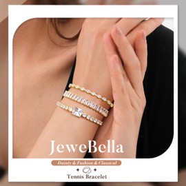 JeweBella 3 Pcs Silver Bracelet for Women Dainty Tennis Bracelets Set Diamond Cubic Zirconia Adjustable Slider Bracelet Stack Silver Gold Bracelets