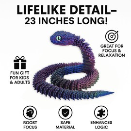 3D Printed Snake Figurine, Articulated Flexible Spiral Snake Toy, Movable Desk Decor, Fidget Sculpture, Collectible Display Piece for Home or Office for Boys and Girls (23.6 inches)