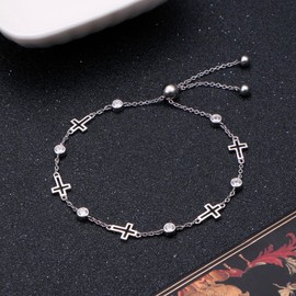FLYOW S925 Sterling Silver Cross Charm Bracelet for Women Christian Danity Religious Link Chain Jewelry Gifts