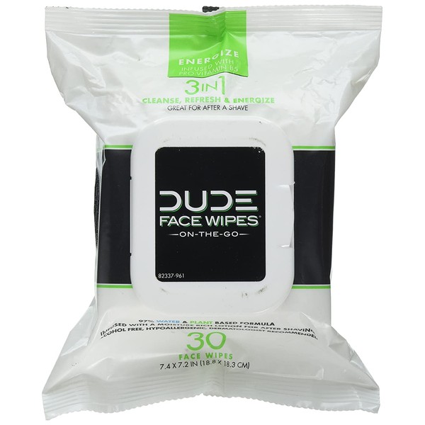 DUDE Face & Body Wipes 30 Count Energizing & Refreshing Scent Infused with Pro Vitamin B-5, Face Cleansing Cloths for Men, Lightly Scented for Mid-Day Refreshment, Hypoallergenic, Alcohol Free