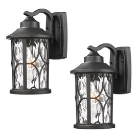 zeyu 2 Pack Patio Wall Light Fixture, 12 Inch Outdoor Modern Wall Lights, Die-Cast Aluminum, Black Finish with Water Ripple Glass, ZX48BWG-2PK BK