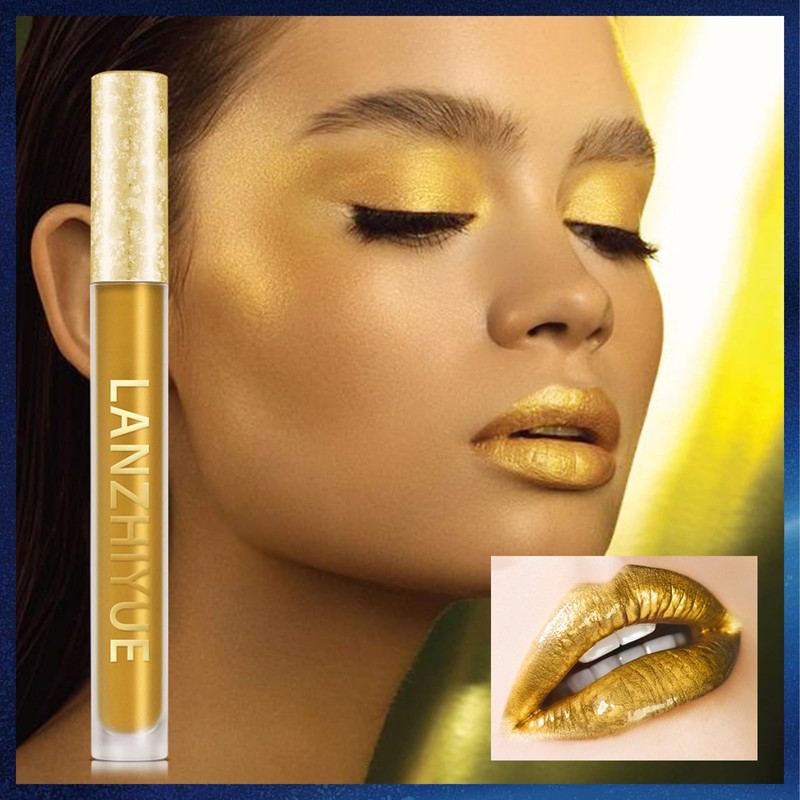 Metallic Lip Glaze Glitter Eyeshadow Set, Gold High Intensity Lip