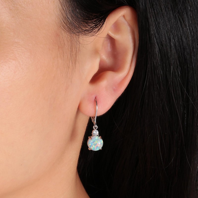 Datiny Round-Cut White Opal Dangle Earrings Trendy 14k White Gold