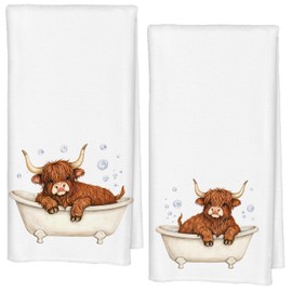 Qabliqo Bathtub Highland Cow Bathroom Hand Towels, Cute Animal Western Cow Bathing Decorative Kids Hand Towels for Bathroom Washroom Kitchen, 16x24 Inch Set of Two