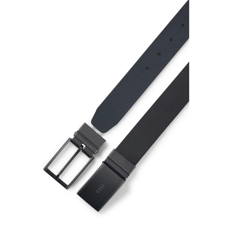 BOSS Men's Italian Leather Gunmetal Buckle Reversible Belt, Black