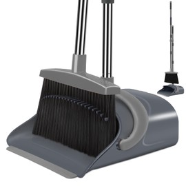 Broom and Dustpan Set, Dust pan with Long Handle, Broom with Dustpan Combo Set, Broom and Dustpan for Home, Indoor or Outdoor Cleaning Tool (Deep Gray&Light Gray)