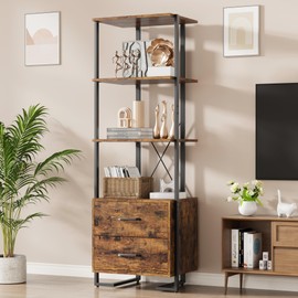 GAOMON 4 Tier Bookshelf with Storage Drawers,70.9 Inch Tall Industrial Book Shelf with Open Display Shelves,4 Shelf Bookcase with Metal Frame for Living Room, Bedroom,Office
