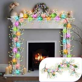 Enhon Lighted Easter Garland with 8 Lighting Modes, 15 LED Colorful Glitter Easter Egg Garland Lights Timer, Battery Operated Egg & Mixed Berry Decoration for Spring Mantle Home Fireplace Indoor Decor