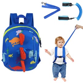 AOMIG Children's Safety Lead, 4-in-1 Toddler Walking Harness, Children's Leash Backpack with Anti-Lost Wrist Bracelet (Blue Dinosaur Backpack)