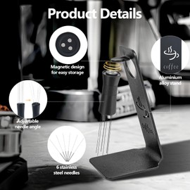 Foyucool WDT Tool Adjustable, Espresso Needle with 6 Replacement Needles, Espresso Coffee Stirrer with Aluminium Magnetic Stand, Needle Coffee Tamper, Barista Accessories